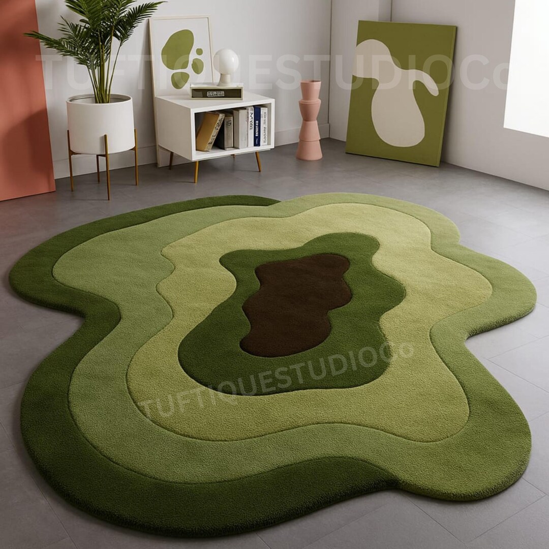 Avocado Bliss Hand Tufted Wool Rug 8x10 Irregular Abstract Green Area ...