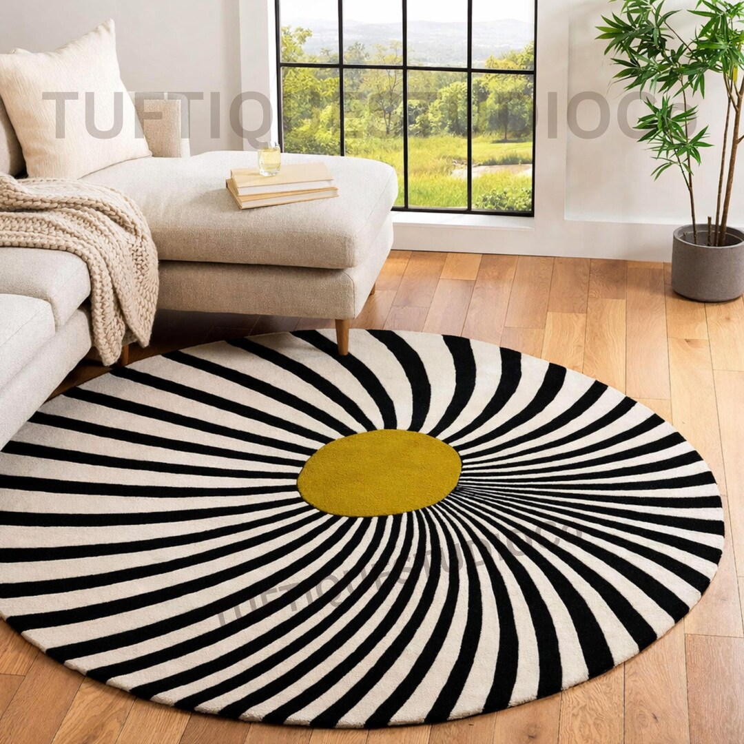 Sunburst Spiral Round Wool Rug Hand Tufted Modern Black White Yellow ...