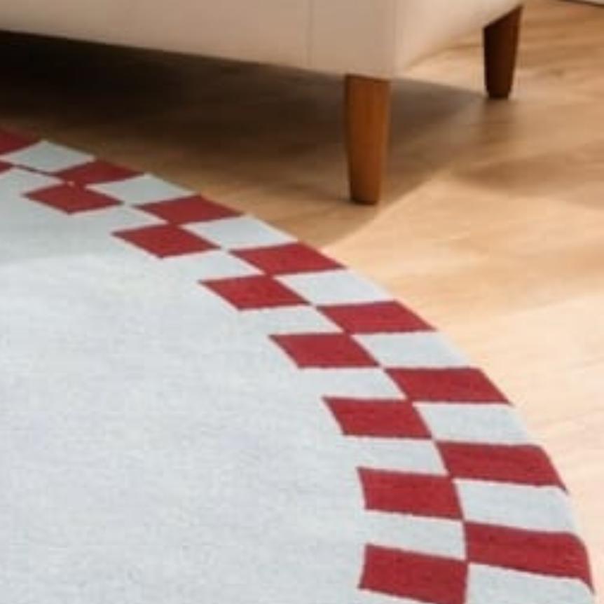 Modern Checkered Border Round Wool Rug Hand Tufted Grey Red Living Room ...