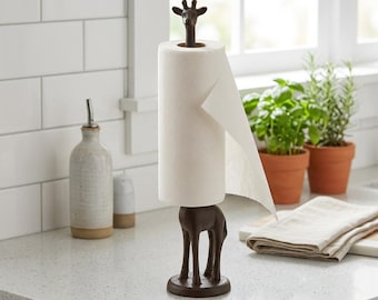 Giraffe Paper Towel Holder,Weathered Copper Cast Iron Kitchen Decor,Farmhouse Toilet Ornament,Vintage Animal Sculpture for Office & Desk