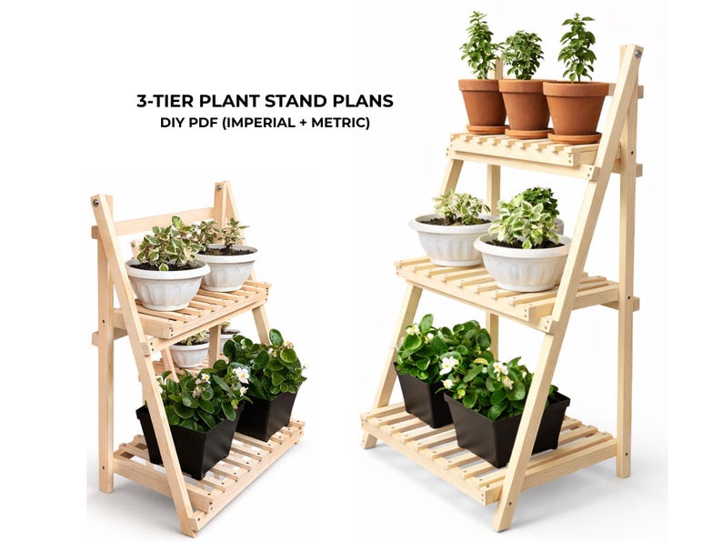 2-tier and 3-tier Plant Stand Plans PDF | Foldable Wooden Shelf | DIY ...