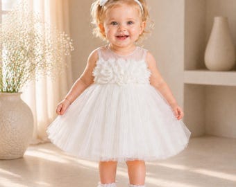 Flower Girl Dress for Toddler, White Tulle Baby Dress, First Birthday Outfit Girl, Cake Smash Dress, Baby Wedding Dress, Toddler Tutu Dress