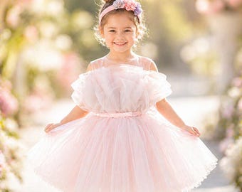 Blush Tulle Dress Girls Birthday Dress Princess Tutu Dress Flower Girl Dress Wedding Party Dress Age 1-10