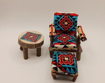 Miniature log cabin doll house Southwestern Chair and foot stool, doll house furniture