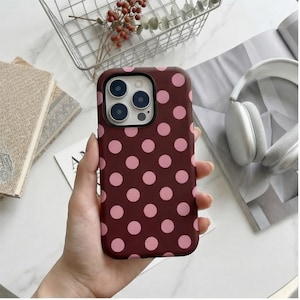 Polka Dot iPhone Case, Cute Pink Dot Phone Case, Aesthetic Red Brown Cover, Soft Silicone Shockproof Case, Gift for Her