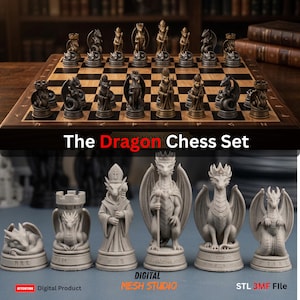 Puede incluir: Un juego de ajedrez con temática de dragones, con piezas intrincadamente diseñadas en tonos dorados y metal oscuro, dispuestas sobre un tablero de ajedrez de madera. Se muestra el texto "The Dragon Chess Set". Se muestran piezas individuales debajo.