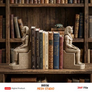 May include: A pair of beige bookends featuring seated Egyptian figures on pedestals with hieroglyphic carvings. The figures are positioned on either side of a row of various hardcover books, including titles like Ancient Egypt and The Ofbmah of Che Flan.
