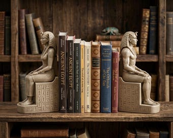 May include: A pair of beige bookends featuring seated Egyptian figures on pedestals with hieroglyphic carvings. The figures are positioned on either side of a row of various hardcover books, including titles like Ancient Egypt and The Ofbmah of Che Flan.
