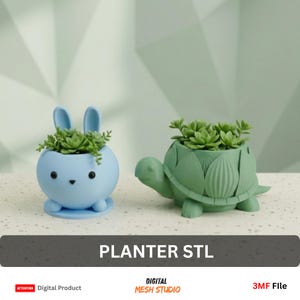 May include: Two decorative planters: a blue bunny and a green turtle, both holding succulent plants. The bunny planter has long ears and a cute face. The turtle planter has a detailed shell. Text at the bottom reads "PLANTER STL".