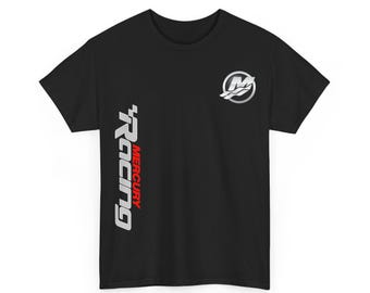 Mercury Racing inspired Logo Tee | Vertical Script, Small Chest Emblem