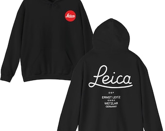 Leica script logo Hoodie | Vintage camera brand design, black pullover
