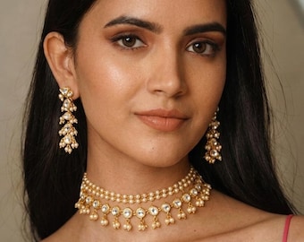 Dainty Pearl Kundan Choker Set with Drop Earrings | Minimalist Indian Bridal Jewelry