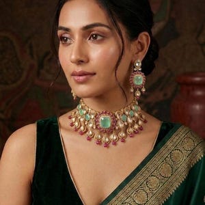Kundan Choker Set | Mint Green Emeralds, Ruby Beads, Victorian Gold Finish Statement Jewelry