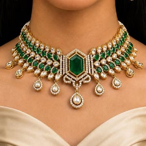Kundan Green And Ruby Choker Necklace, Polki Pearl Jewelry Set, Indian Traditional Bridal Jewelry