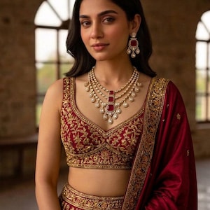 Puede incluir: Una mujer con un atuendo tradicional indio. El conjunto incluye un top y una falda bordados en rojo oscuro, complementados con un chal a juego. Un collar en capas con piedras preciosas rojas y pendientes completan el look. El atuendo está adornado con bordados dorados.