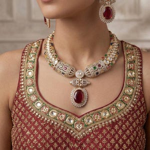 Ruby Red Bridal Necklace Set, Gold Kundan Wedding Jewelry with Earrings
