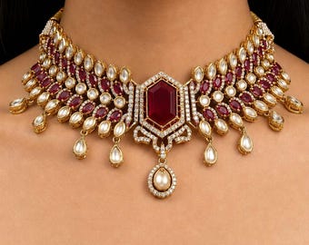 Gargantilla Kundan de rubí rojo, conjunto de joyas de perlas Polki, joyería nupcial tradicional india