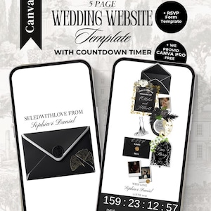 Op de afbeelding: Een 5-pagina trouwwebsite-sjabloon voor Canva weergegeven op twee smartphones. De schermen tonen een zwarte envelop met een waszegel, trouwuitnodigingsafbeeldingen, foto's en een afteltimer van 159 dagen, 23 uur, 12 minuten en 57 seconden.