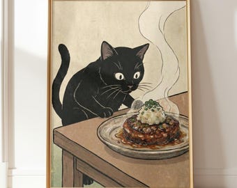 Hamburger Steak Wall Art – Black Cat Japanese Food Print, Kitchen Decor