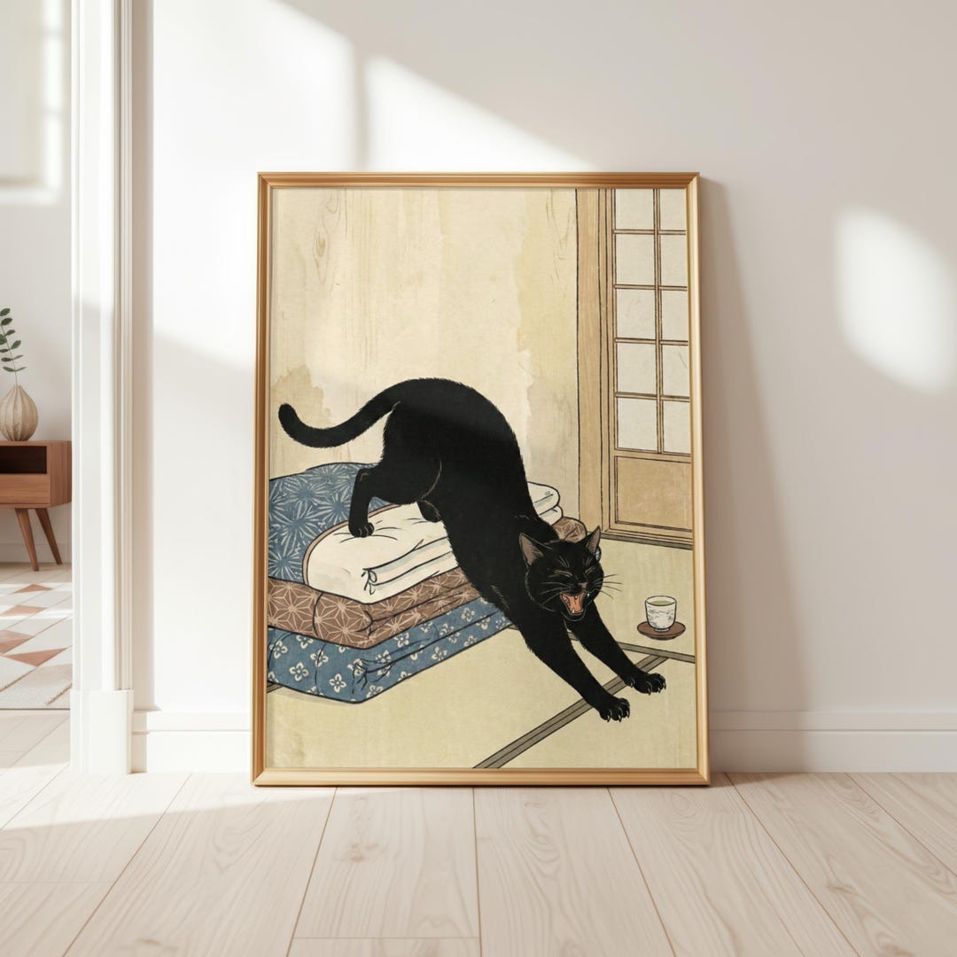 Japanese Tatami Room Wall Art – Black Cat Ukiyo-e Print, Bedroom Decor ...