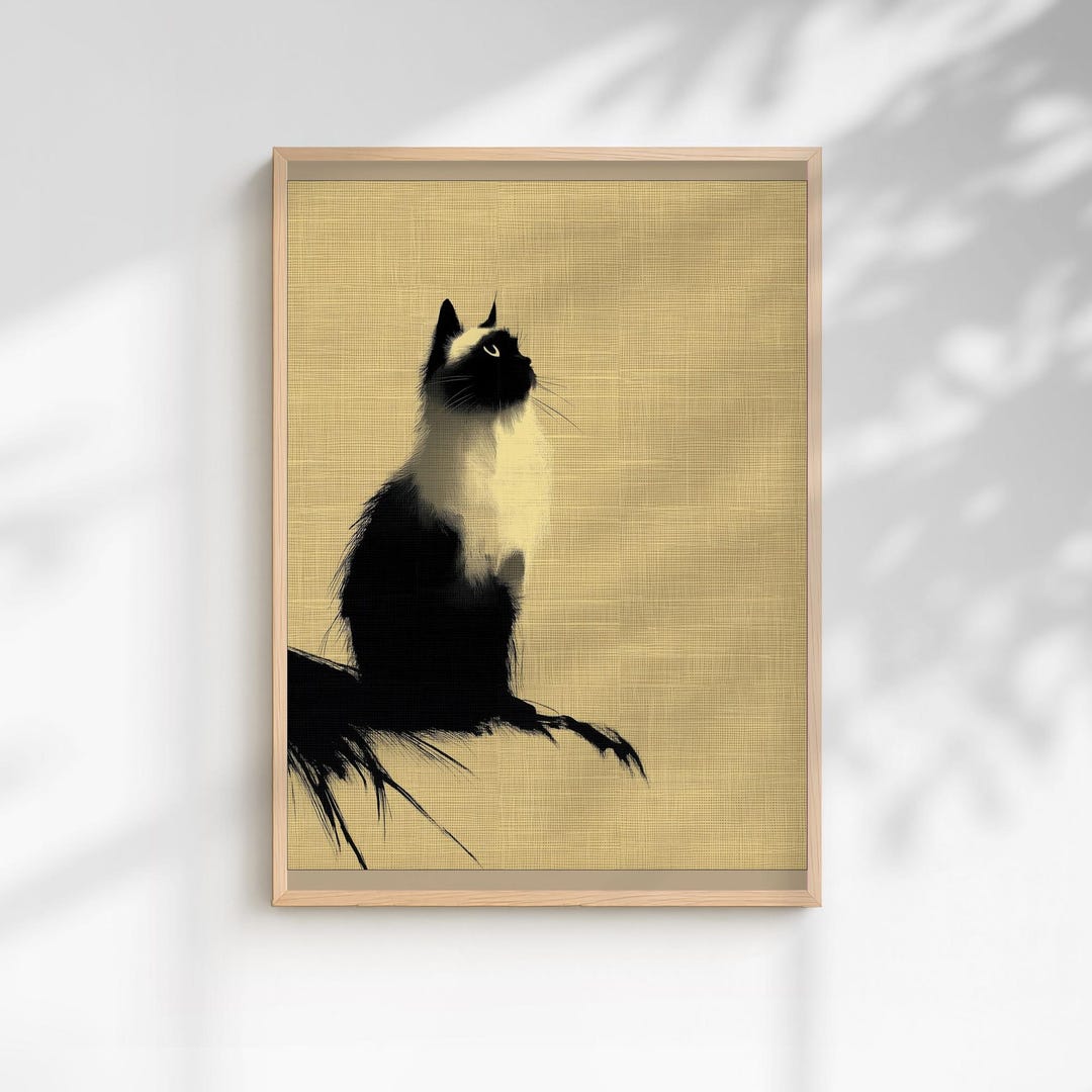Siamese Black White Cat Art Print, Minimalist Japanese Style, Japandi ...