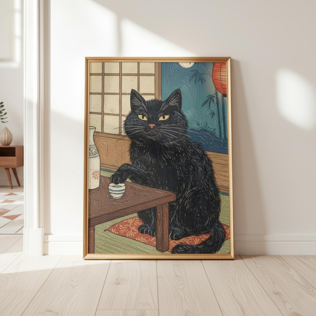 Japanese Black Cat Art Print - Ukiyo-e Style, Sake Cup - Etsy