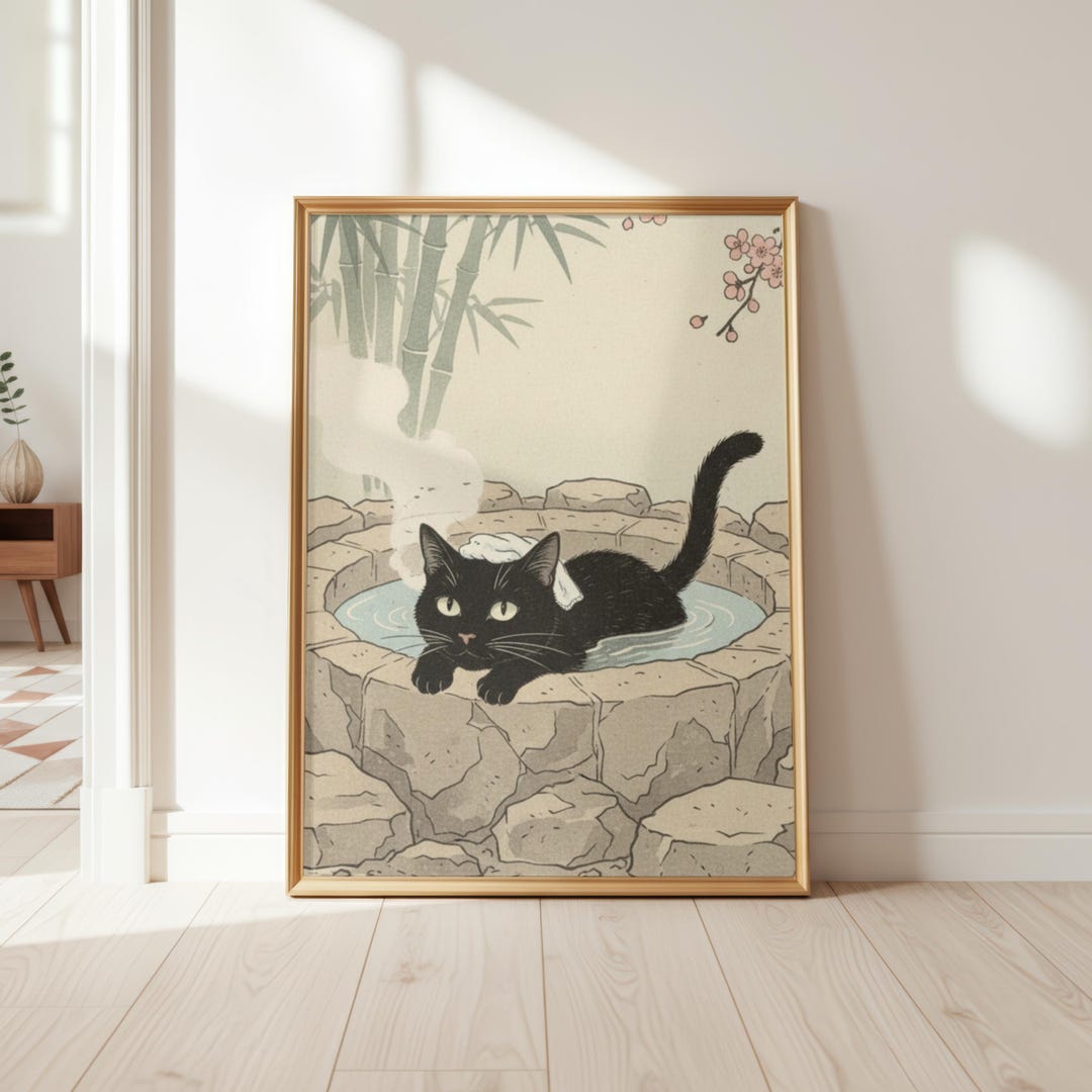 Black Cat Onsen Art Print – Japanese Ukiyo-e Style - Etsy