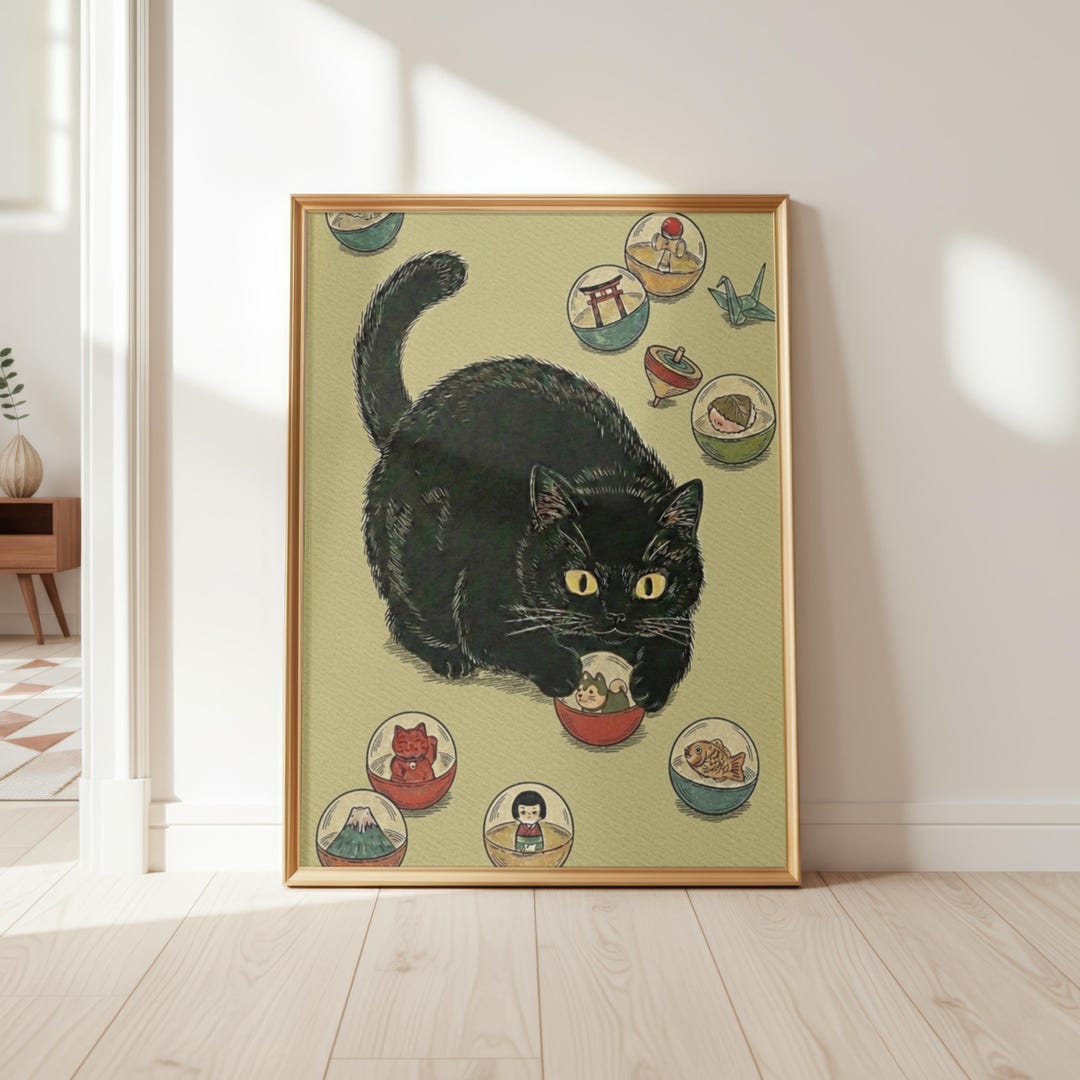 Black Cat Ukiyo-e Art Print – Japanese Folk Toy Capsule Art - Etsy