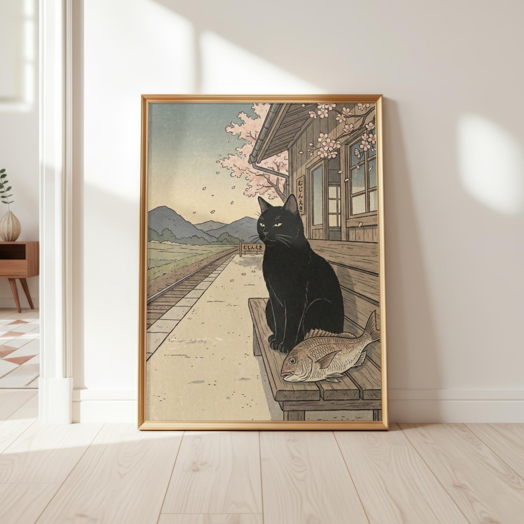 Japanese Black Cat Art Print - Ukiyo-e Spring Countryside - Etsy Canada
