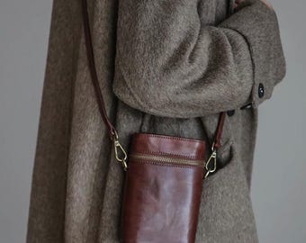 Echt lederen crossbody telefoontasje, handgemaakt, vintage minimalistisch, kerstcadeau, elegante en verfijnde lederen tas