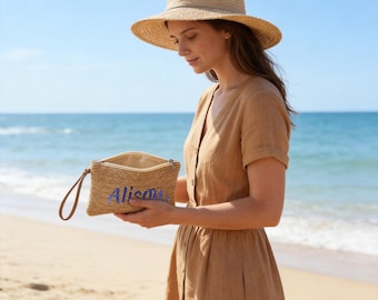 Personalized Embroidered Straw Wristlet, Custom Woven Handbag, Boho Beach Clutch Bag