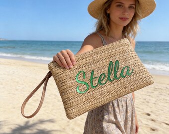 Personalized Embroidered Name Straw Wristlet, Custom Woven Handbag, Bridesmaid Gift, Beach Wedding Summer Clutch Bag