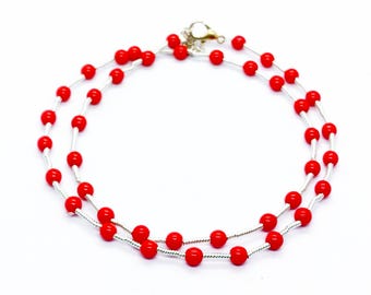 Red Coral Beaded Necklace • 3mm Smooth Round Beads • Sterling Silver Layering Jewelry