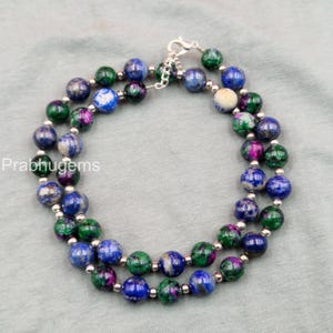 Gargantilla de cuentas de rubí, zoisita y lapislázuli, collar llamativo de piedras preciosas de 8 mm, cierre bohemio de plata esterlina.