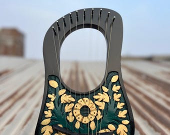 Handcrafted Lyre Harp  Black Wood with Gold Floral Inlay, Decorative Musical Instrument