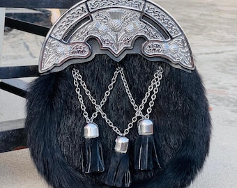 Black Fur Sporran with Celtic Thistle Cantle and Chain Tassels