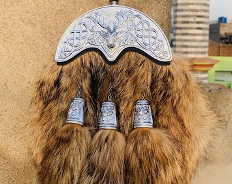 Traditional Highland Kilt Sporran with Brown Fur & Silver Tassels with stag cantle and chain belt
