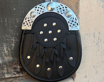 Handcrafted Black Leather Sporran – Celtic Knot Kilt Accessory, Viking Belt Pouch