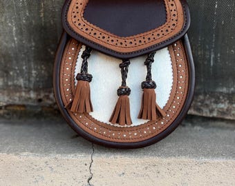 Handmade Leather Sporran Bag – Brown Tan Tassels, Scottish Crossbody Pouch