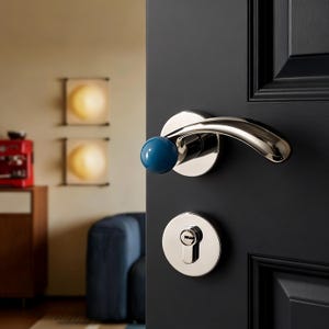 Peut inclure: Une poignée de porte chromée brillante avec un levier incurvé et un détail sphérique bleu. La poignée est sur une porte noire, avec une plaque de trou de serrure chromée assortie en dessous.