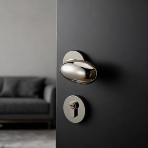 Peut inclure: Une poignée de porte et une serrure chromées polies sont montées sur une porte gris foncé. La poignée est ovale et la serrure est circulaire avec un trou de serrure. Un canapé gris est visible en arrière-plan.