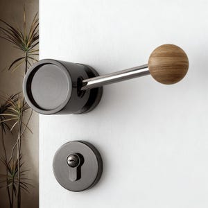 Peut inclure: Ensemble de poignée de porte moderne avec une finition gris foncé et un design cylindrique. La poignée a un levier en acier inoxydable et une poignée sphérique en bois. L'ensemble comprend une rosace assortie, le tout monté sur une surface blanche.