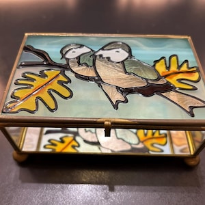 Può includere: Un portagioie rettangolare con coperchio in vetro colorato raffigurante due uccelli posati su un ramo con foglie gialle. La scatola ha una cornice in ottone e lati a specchio.