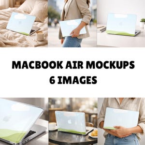 May include: A collection of six images showcasing MacBook Air mockups. The laptops feature a clear case with a cloud design and a green wave at the bottom. The text "MACBOOK AIR MOCKUPS 6 IMAGES" is displayed in bold black font.