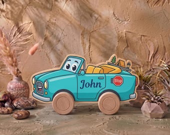 Personalized Wooden Convertible Car Toy, Custom Name Green Vehicle for Toddlers, Eco Friendly Toy Truck, First Birthday Boy Gift