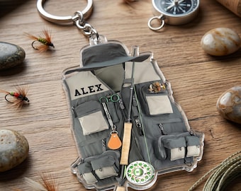 Custom Fishing Vest Acrylic Keychain, Personalized Fisherman Gift, 2D Flat Fly Fishing Gear Bag Charm for Him