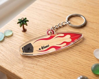 Custom Name Surfboard Acrylic Keychain, Personalized Surfer Gift, 2D Flat Tropical Wave Surf Board Bag Tag, Summer Beach Accessory Gift