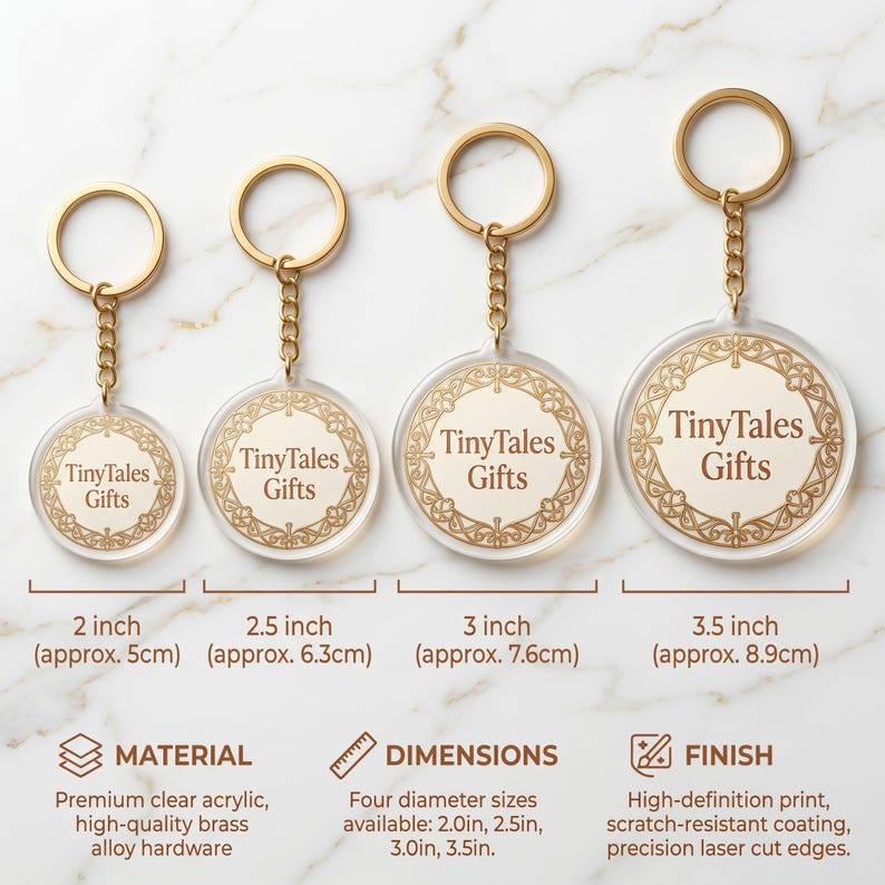 May include: Clear acrylic keychains with gold-colored hardware and a decorative border. The keychains are available in four sizes: 2.0, 2.5, 3.0, and 3.5 inches in diameter. Each keychain features the text "TinyTales Gifts".