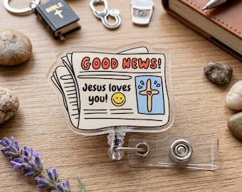 Good News Jesus Loves You Badge Reel, Christian Newspaper ID Holder, Gospel Witness Gift, Retractable Religious Badge