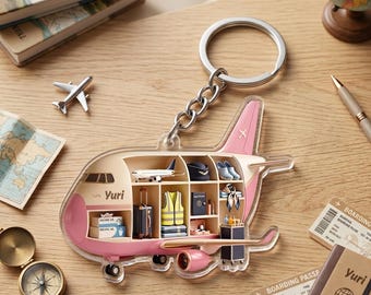 Personalized Airplane Interior Keychain, Custom Pilot Name 2D Flat Acrylic Keychain, Flight Attendant Gift, Aviation Lover Keychain